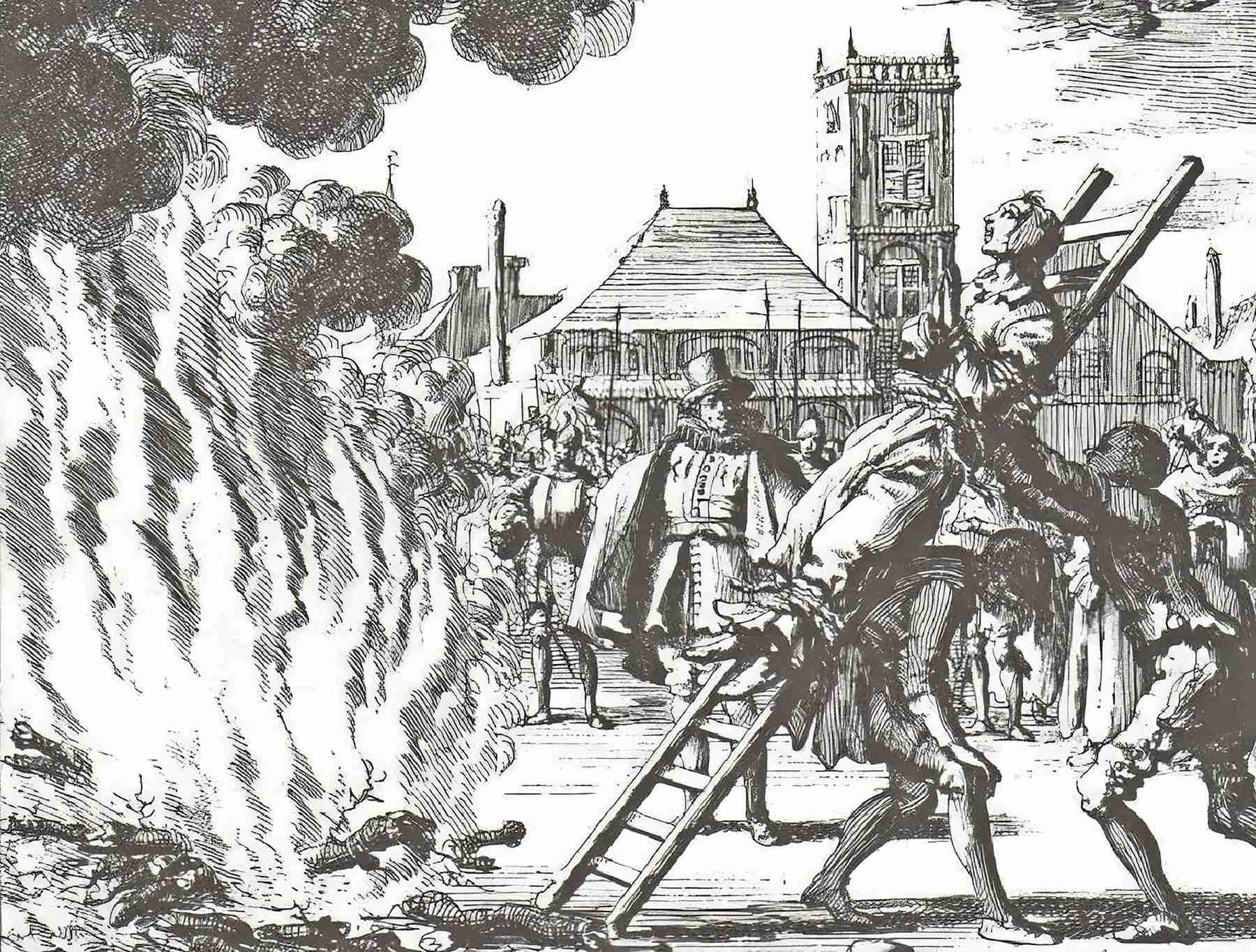 The execution of Anneken Hendriks by burning in 1571, from the Martyrs Mirror.