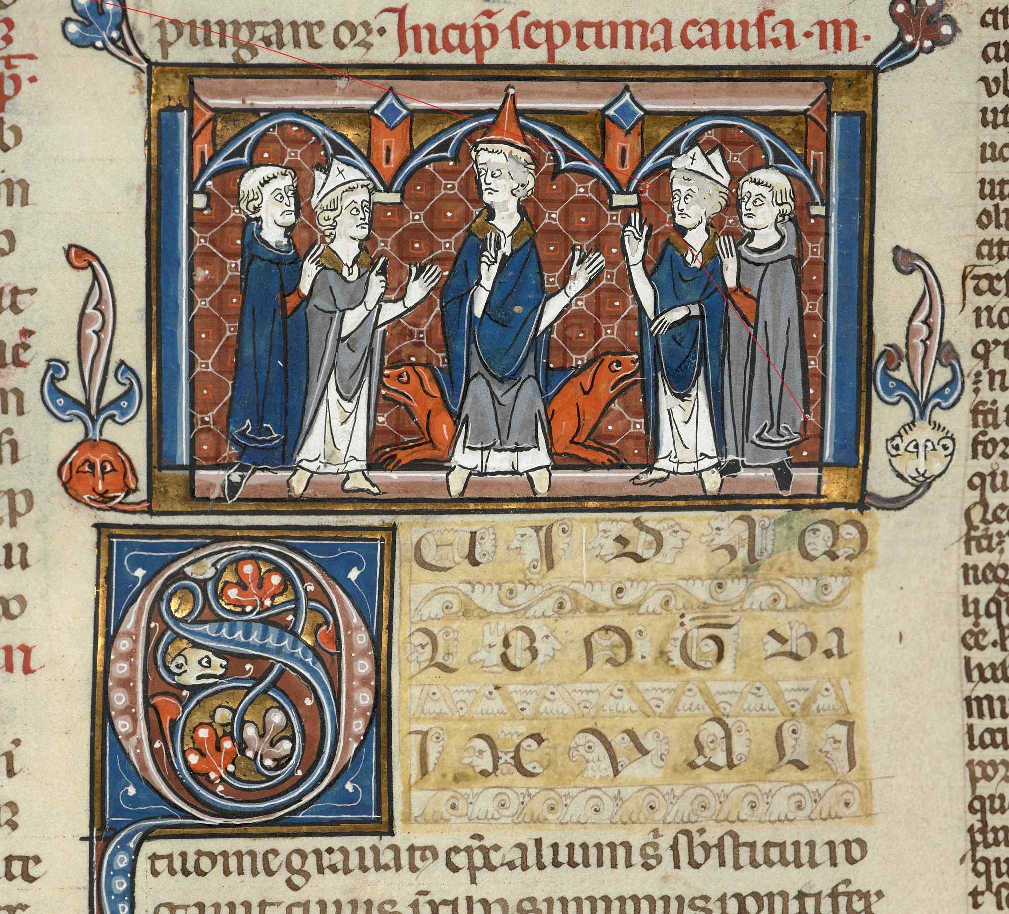 A pope acting as a judge with two litigant bishops and their advisers, from a copy of Gratian’s Decretum, France, 3rd quarter of the 13th century: Royal MS 10 D VIII, f. 133v (detail)