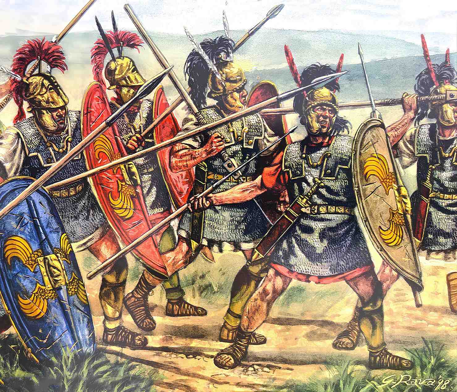 roman soldiers with Lorica Hamata armor, spears, and oval scutum shields