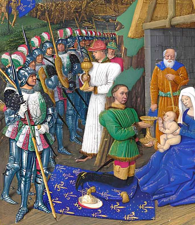 "The Adoration of the Magi", c. 1455, (1939). Note the soldiers with voulges.