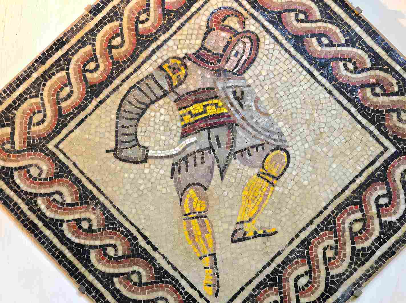 Thrace Mosaic Medallion with a thraex gladiator and a sica sword.