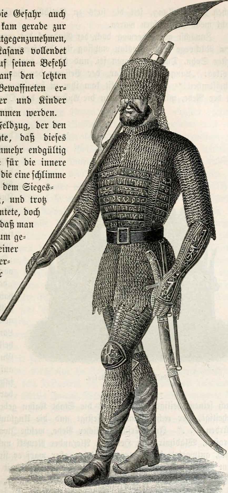 A 17th-century Russian infantryman with bardiche, vambrace, chainmail armor, and a saber or shashka.