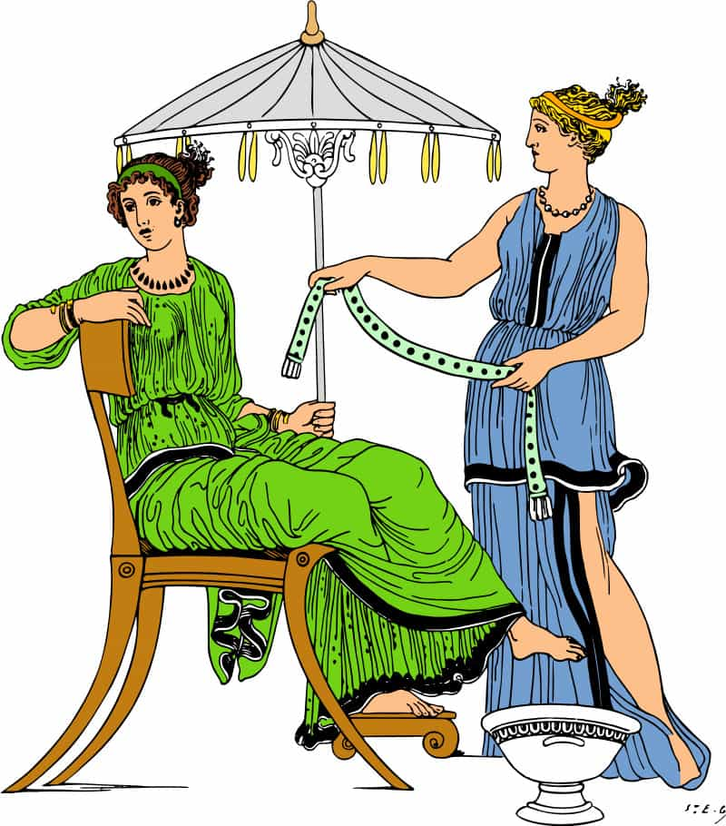 A maid gives the woman a type of strophium which could be worn to help support the breasts. Classical attire, from an 1893 book.