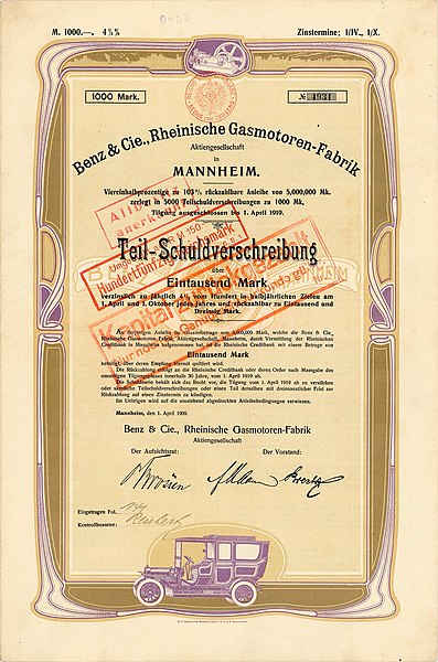 Bond of the Benz & Cie. Rheinische Gasmotoren-Fabrik AG, issued 1. April 1909. Public Domain.