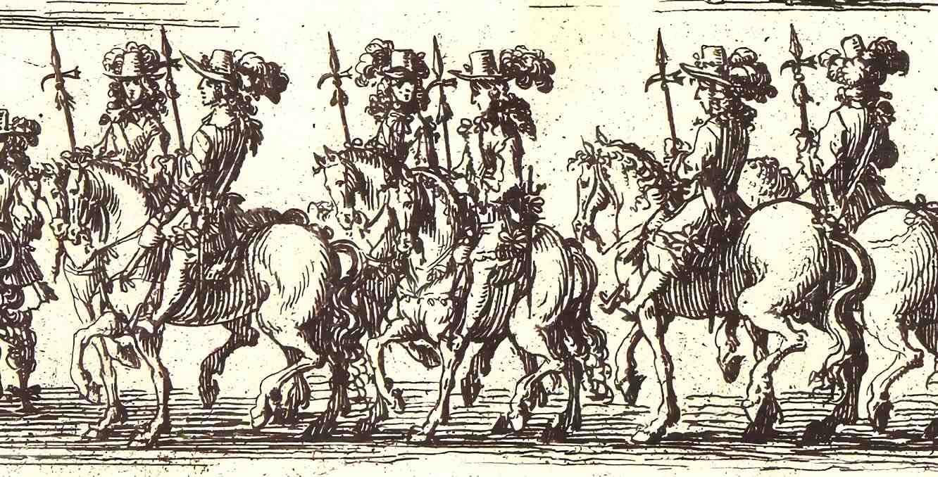 During the 1660 victorious arrival of Louis XIV and his new bride Marie-Thérèse in Paris, the gentlemen with Lucerne hammers (or Bec de Corbins) paraded before the queen, as seen in this image from an engraving made in 1662.