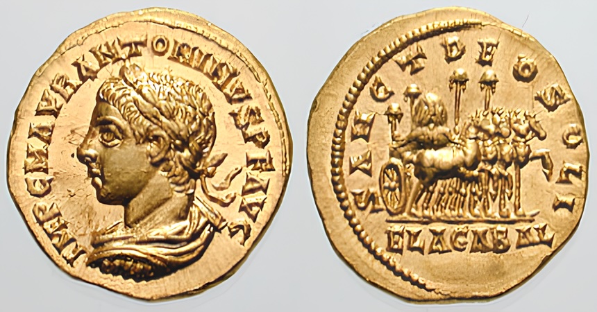 This is a Roman gold coin called an aureus, and it shows a picture of Elagabalus. On the back, it reads "To the Holy Sun God Elagabal" in Latin.