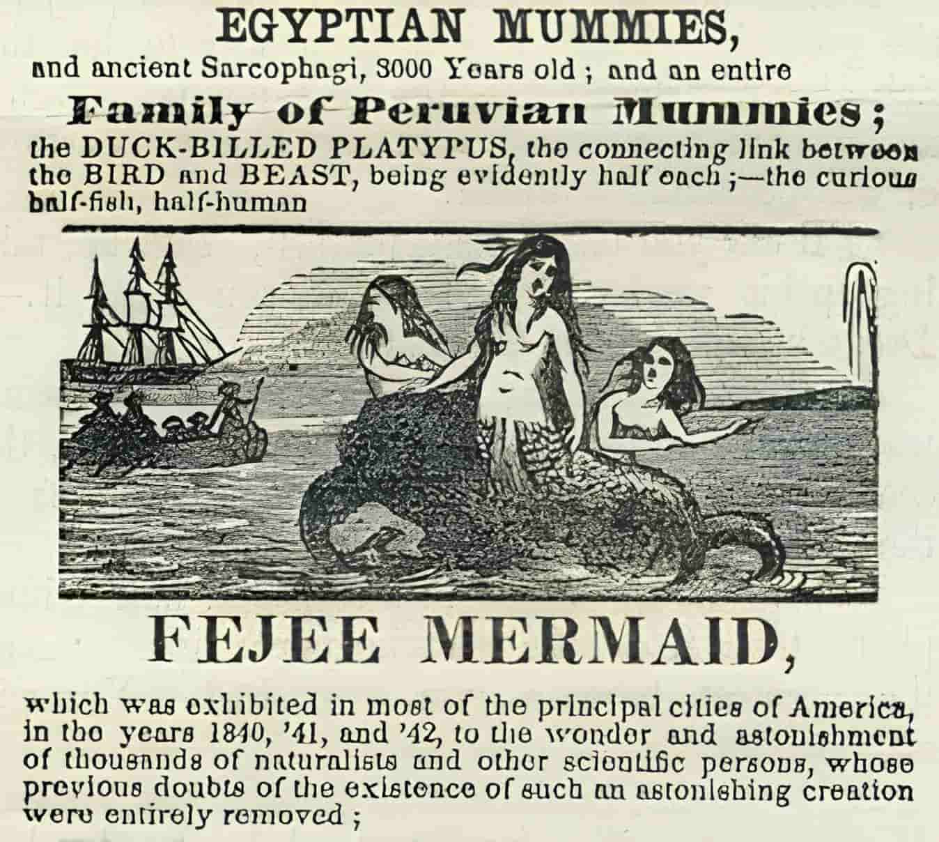 A Fiji Mermaid brochure: An advert for P.T. Barnum's "Feejee Mermaid" in 1842.