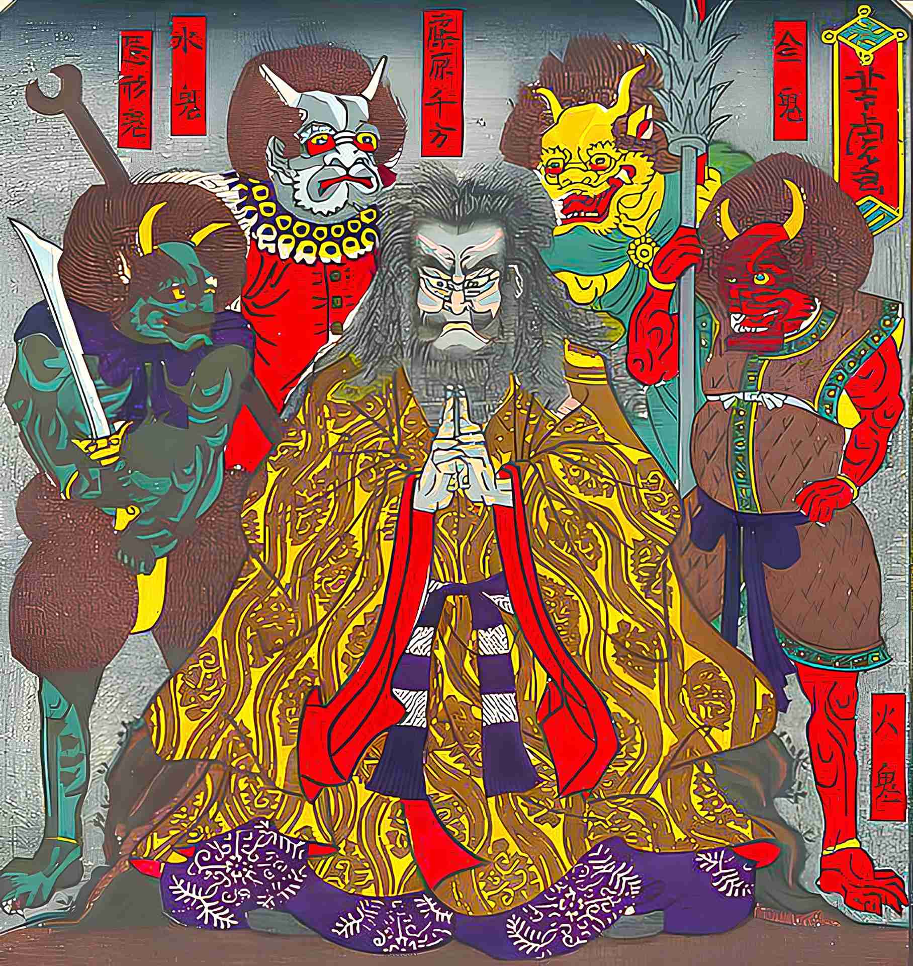 Fujiwara no chino, surrounded by his oni followers. c. 1872.