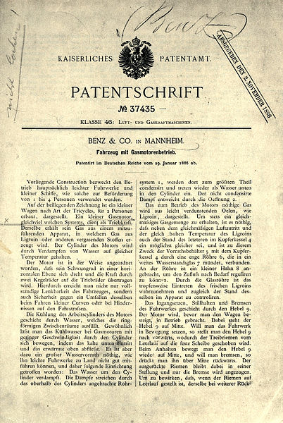 Benz's "DRP37435" patent for the gas-powered car.