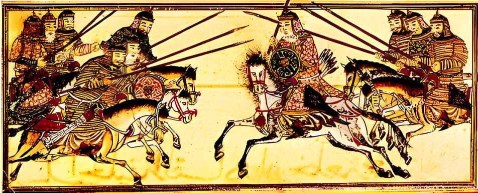 Heavy-armored Mongol cavalry charging the enemy. Persian miniature from the 14th century