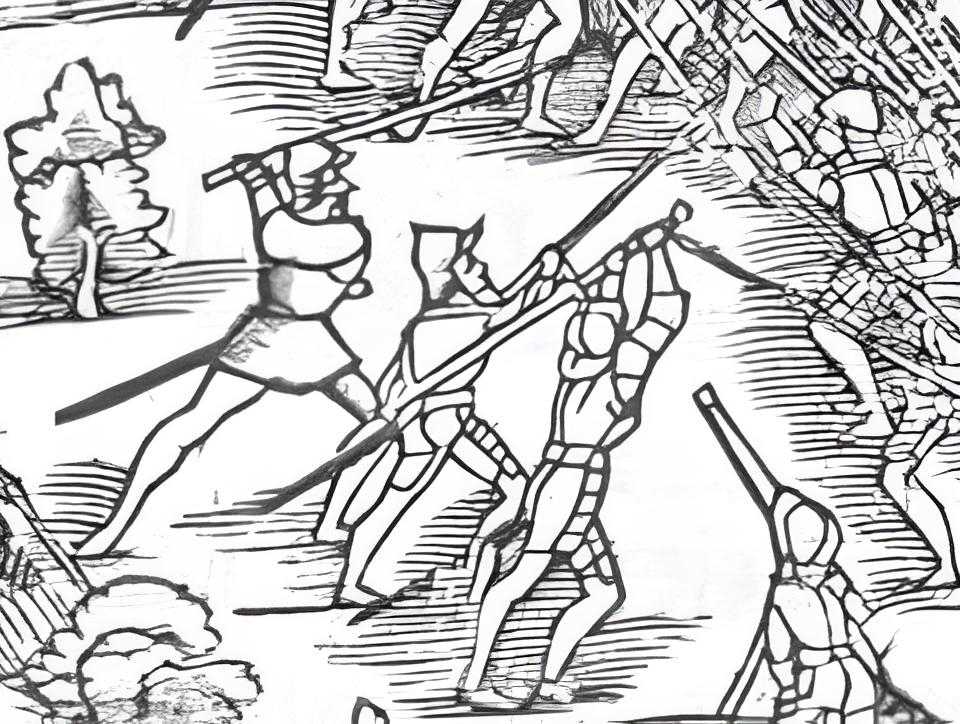 Infantrymen armed with spadone or (zweihänder) charge enemy pikemen in the Second War of Kappel (1548).