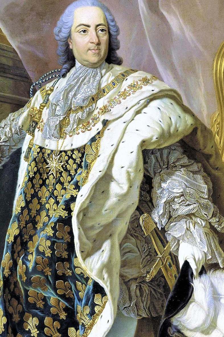 Louis XV (1710--1774) wears the sword of Charlemagne (Joyeuse) on his belt. Painting by Louis-Michel van Loo, 1760.