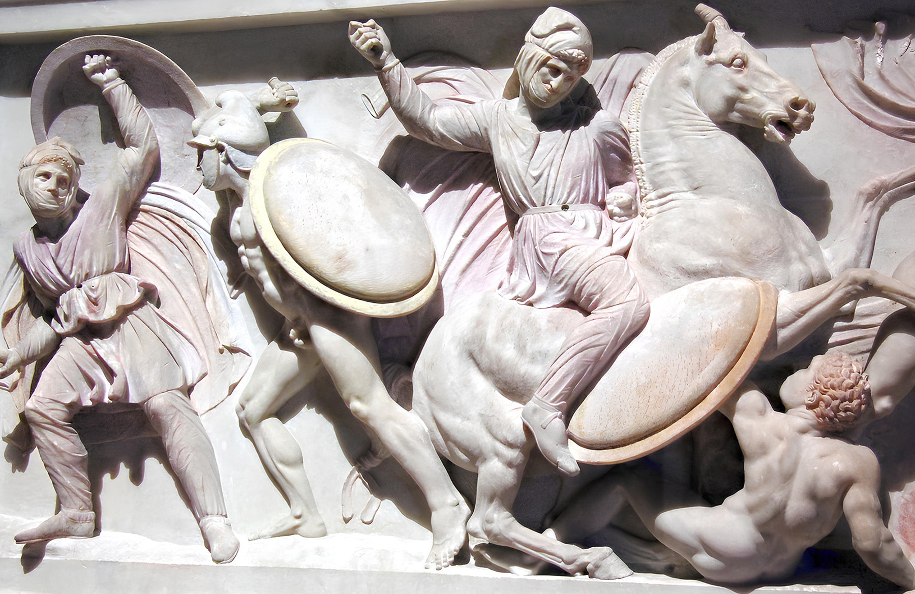 Macedonian Pezhetairos with an Aspis shield secured to the shoulder – detail from the sarcophagus of Alexander the Great.