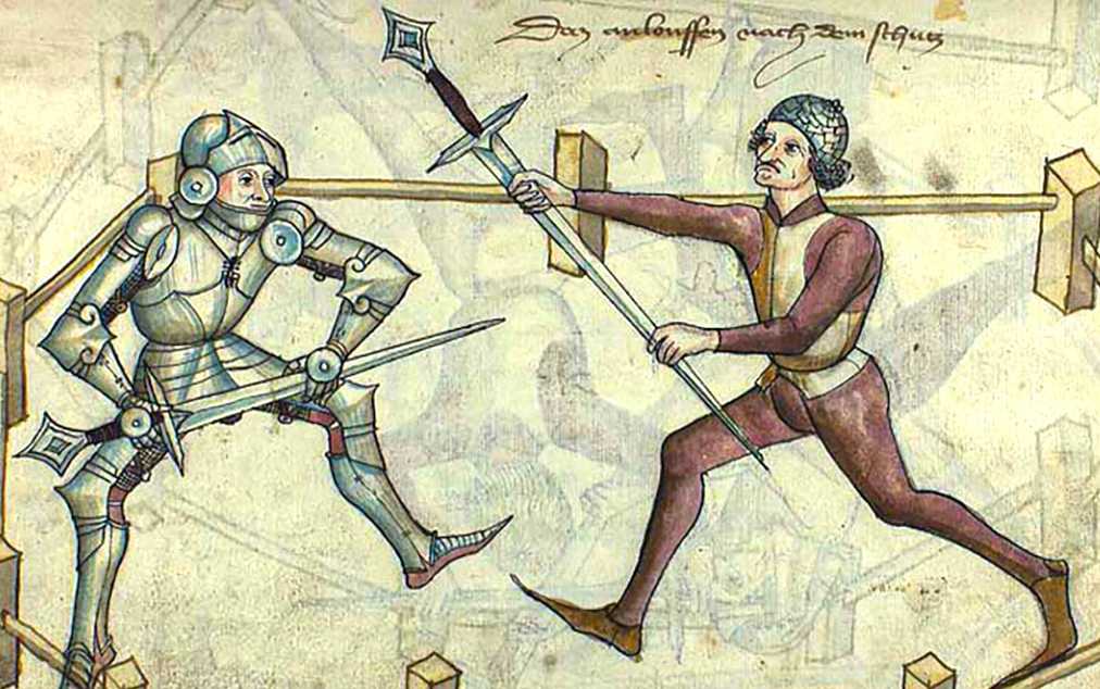 This is an illustration from 1459's Fechtbuch (or "Fight Book") by Hans Talhoffer, depicting an unarmored man employing a Mordhau against a fully armored opponent who seems to be contemplating a half-sword thrust.