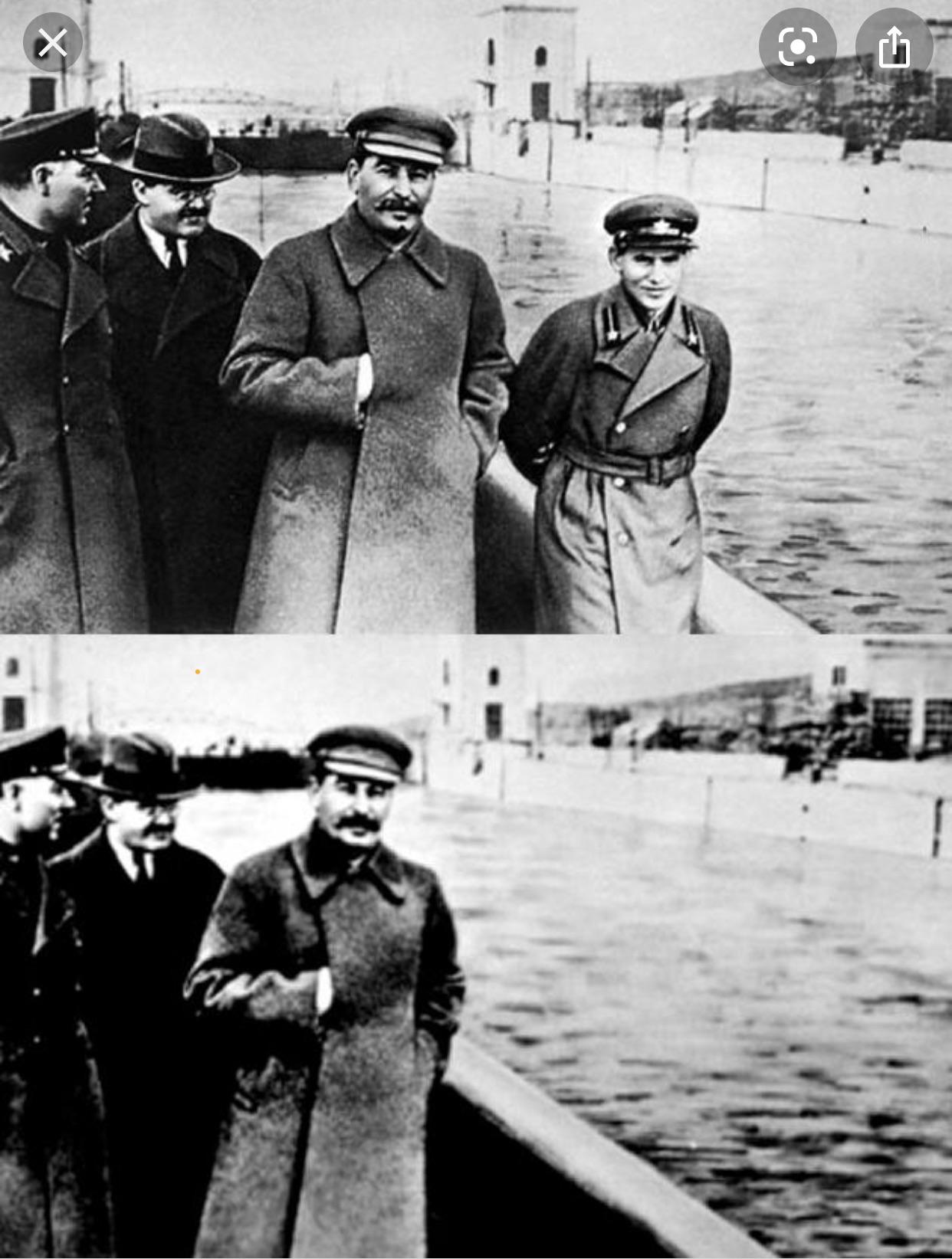 Nikolai Yezhov with Stalin along the Volga Dam, doctored. Yezhov removed from the image after the great purge, an example of Damnatio memoriae. 