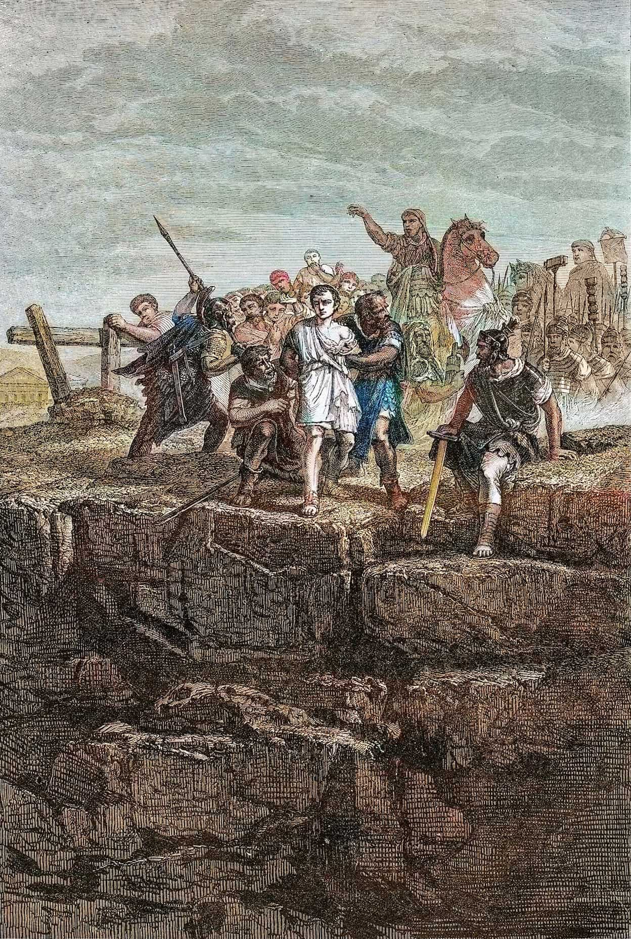 The Tarpeian Rock engraving. From a painting by Benedict Masson.