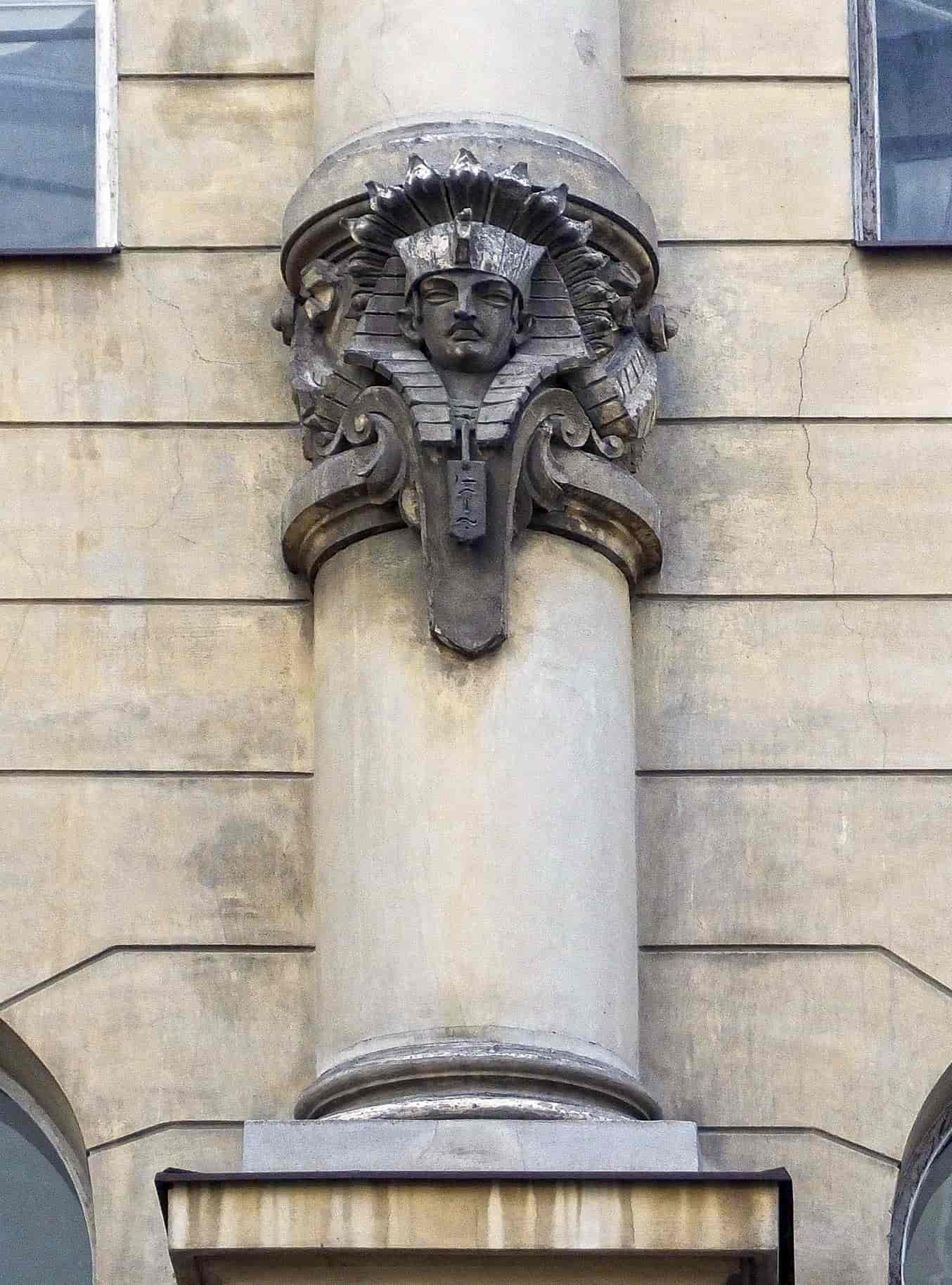 The protome of an Egyptian pharaoh on a Warsaw University of Technology building.