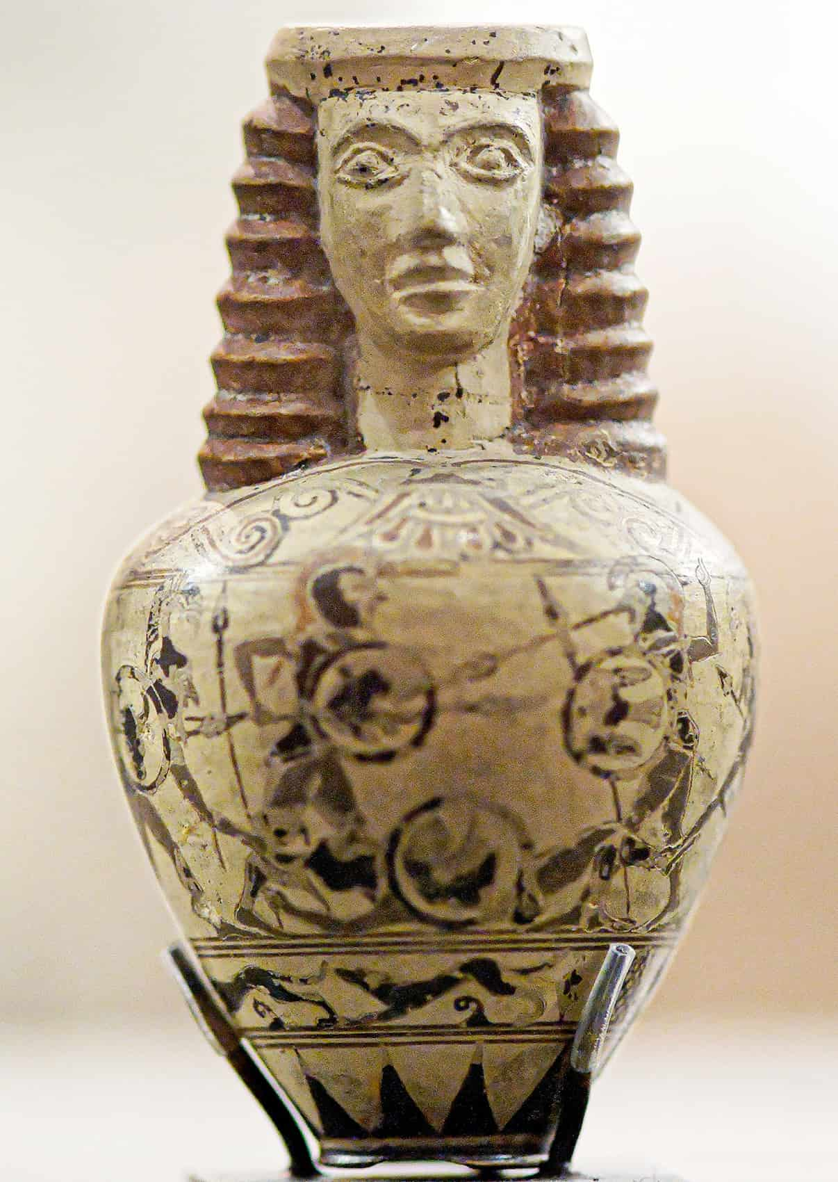 an aryballos protome in the shape of a womans head Late Protocorinthian ca. 650–630 BC. From Thebes Boeotia