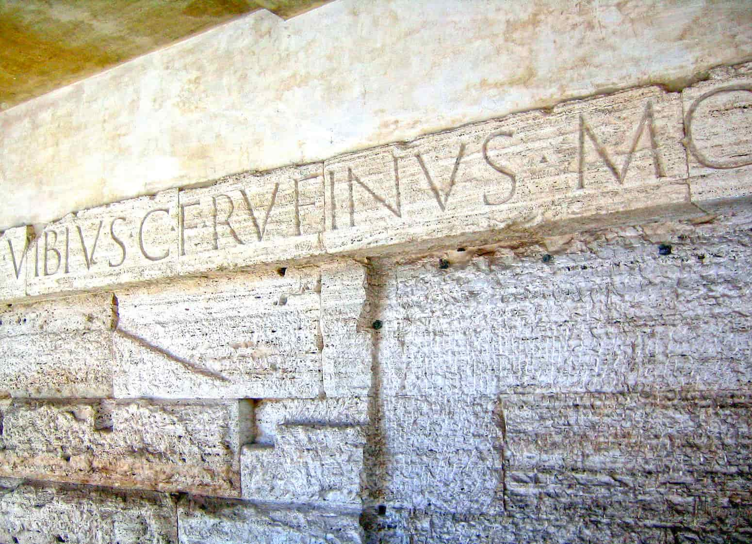 An inscription on the wall of the Mamertine Prison to Vibius Rufinus, son of Caius ("VIBIVS CF RVFINVS"), and Marcus Cocceius Nerva, its restorers.