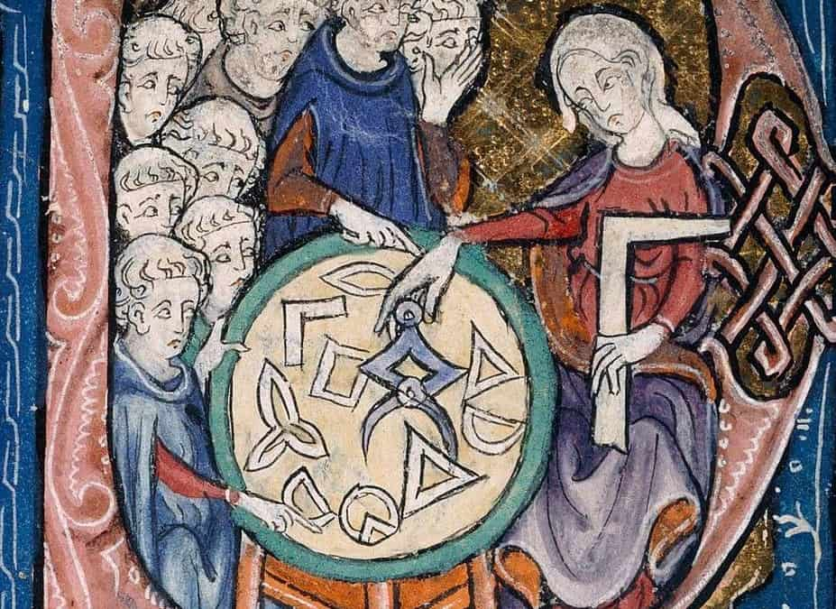 One of the first geometry tools. Women teaching geometry.