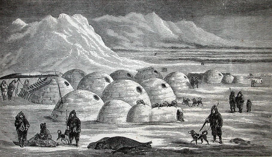 Inuit village, 1865, Frobisher Bay, Nunavut, Canada.