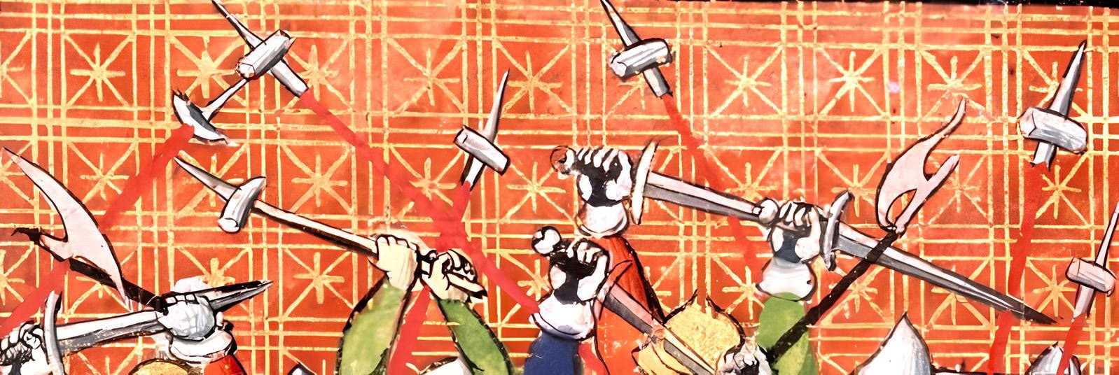 Weapons of participants in the Harelle Uprising in France (1382). Among them is the Lucerne hammer. A part of a miniature of the XV century.