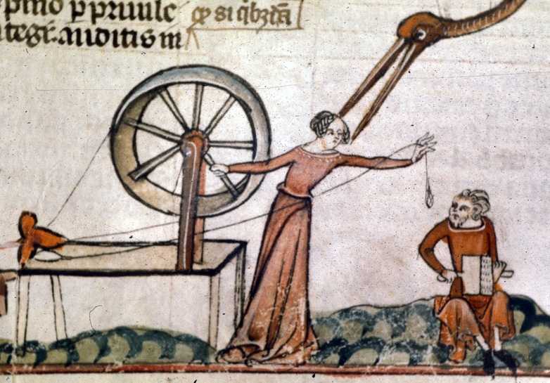 Medieval woman at a spinning wheel, 1275–1325. British Library.