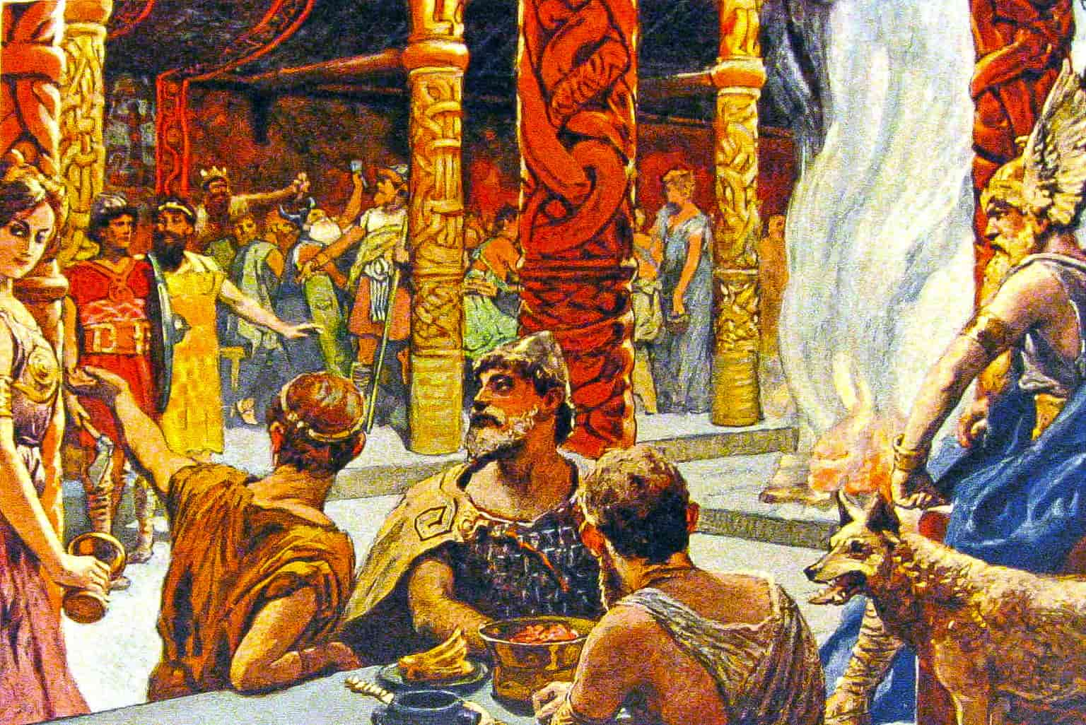 The interior of a mead hall in Valhalla. Einherjar are served by Valkyries while Odin sits upon his throne, flanked by one of his wolves. 1905, by Emil Doepler.