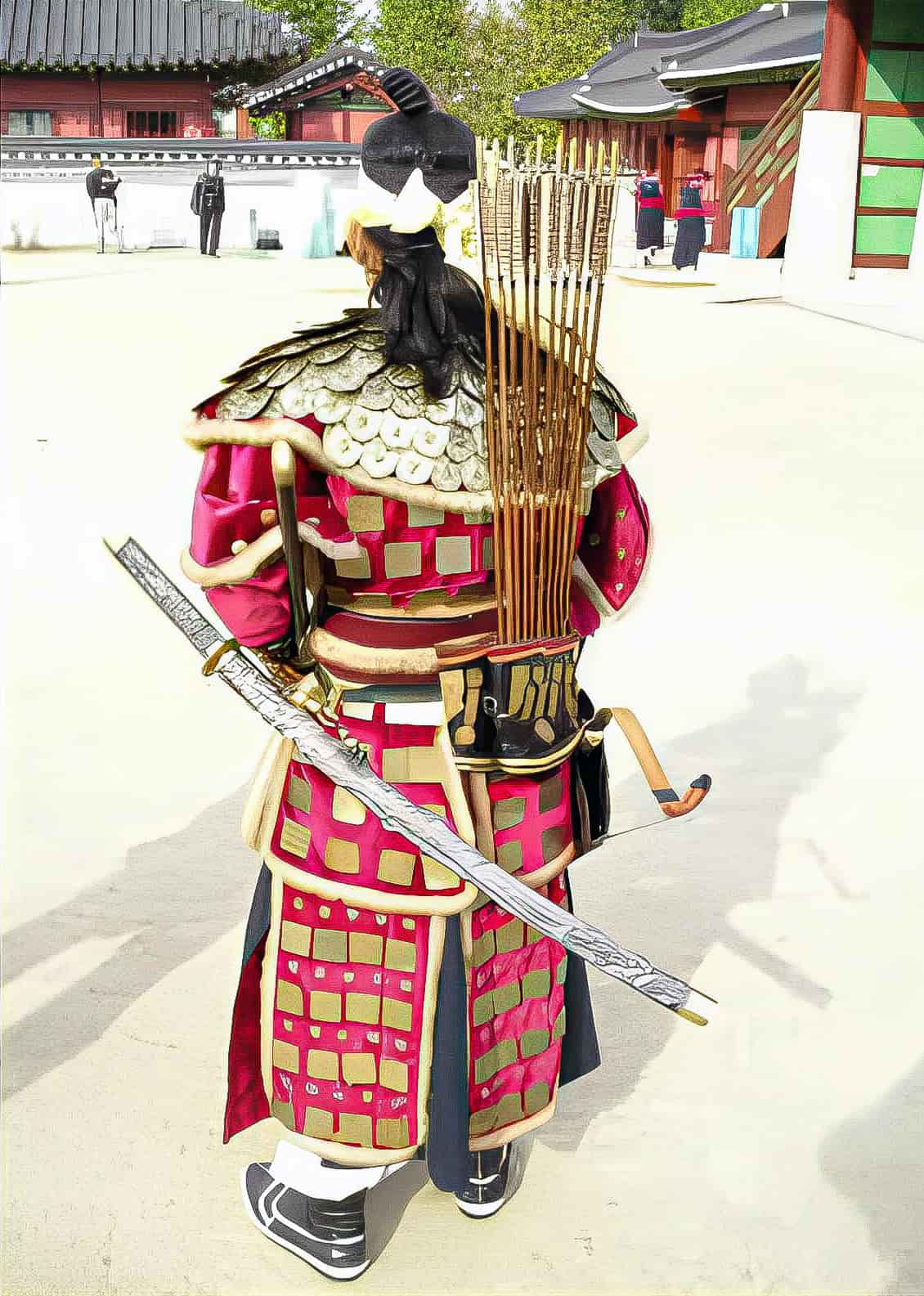 the korean soldier with a hwando sword, armor, bow, and arrows