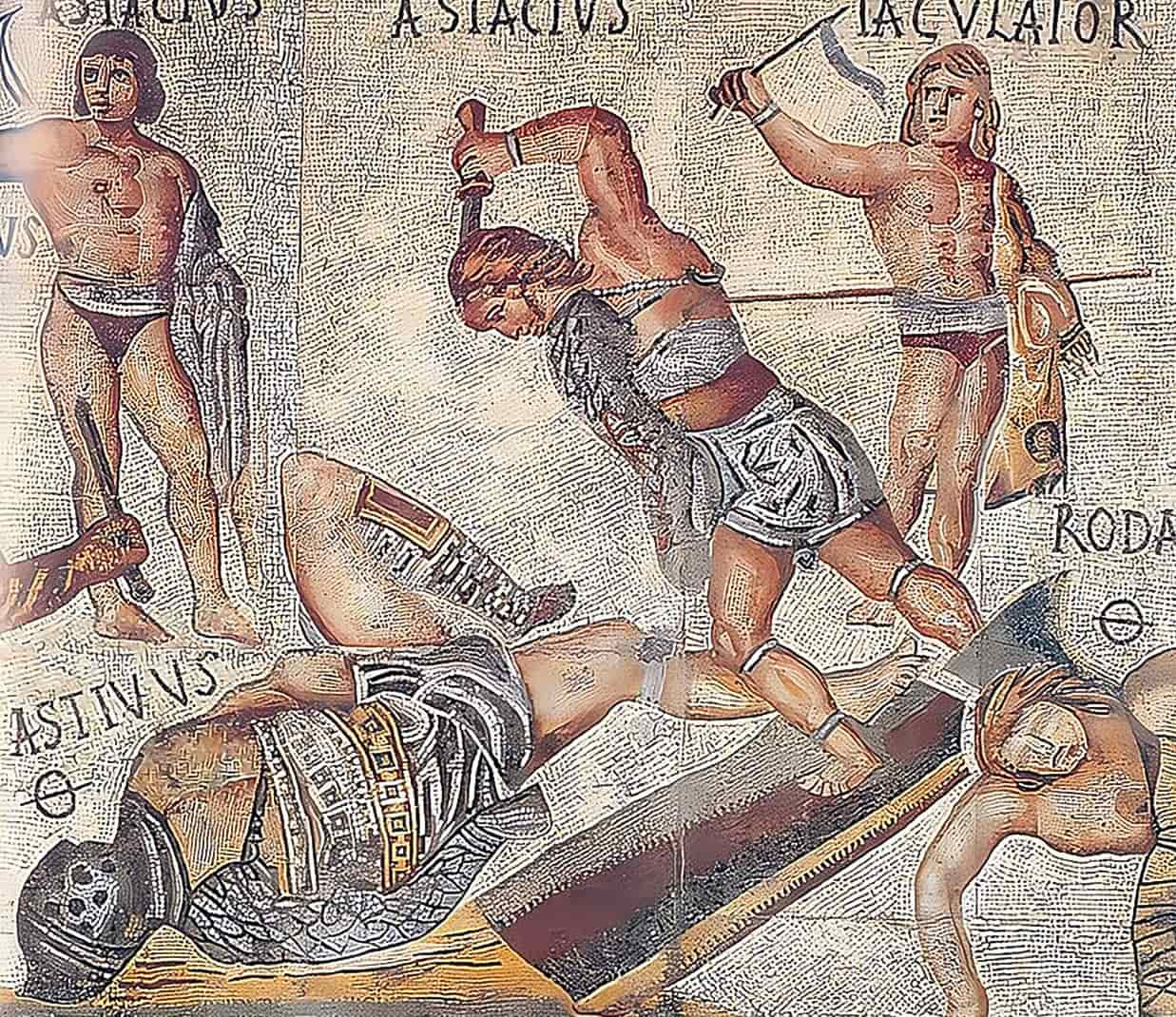 Two roman gladiators wearing a subligaculum.