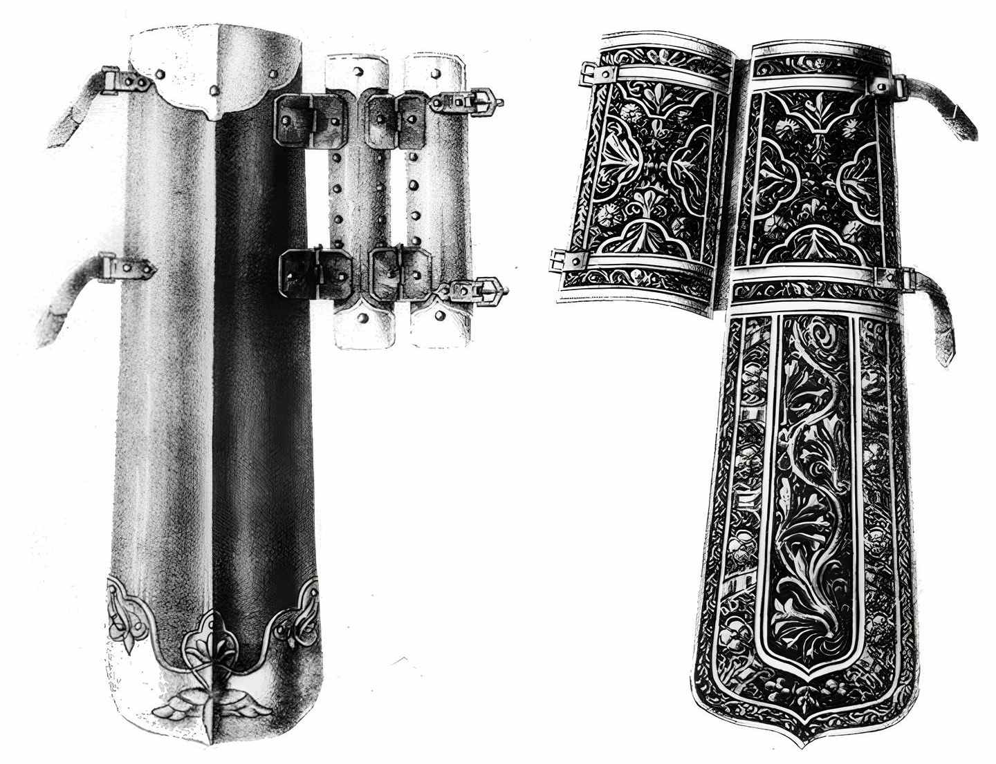 A 19th-century depiction of an Eastern European vambrace by Viskovatov A.V. (1801--1892).