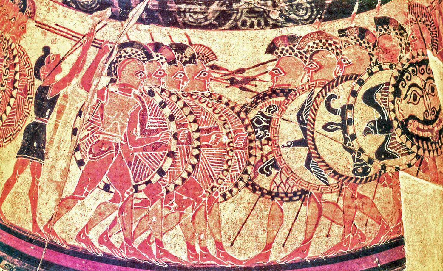 Greek warriors with aspis shields, Chigi vase, BC 650.