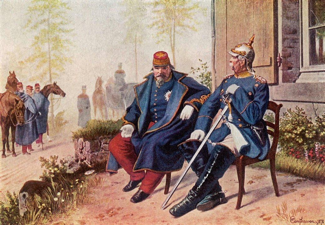 Napoleon III conversing with Otto von Bismarck after being captured in the Battle of Sedan.