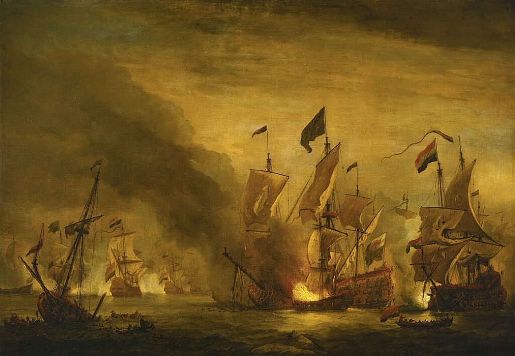 The Battle of Solebay (1672), a State burner sets fire to the English admiral's ship.