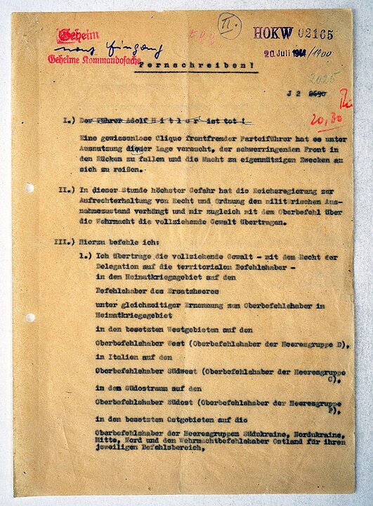 Operation Valkyrie Telex declaring Hitler's death