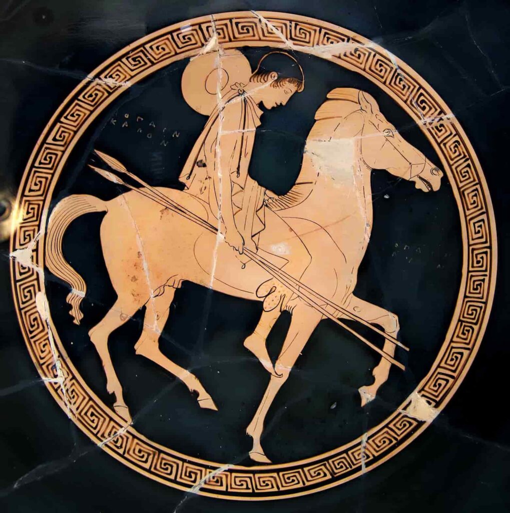 An Ancient Greek rider likely with xyston spears. Rider, Attic red-figured cup, middle of 5th century BC.