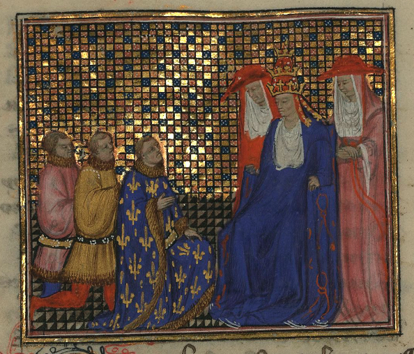 The meeting between the duke of Anjou and Pope Clement VII (seated) at Avignon, from Froissart's Chronicles.