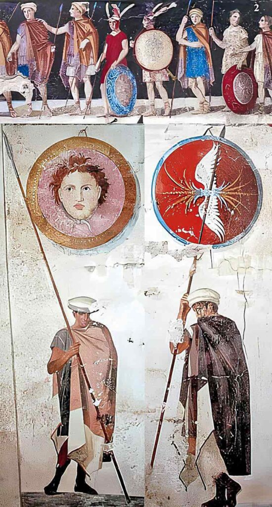 Detail of the fresco of a tomb of Agios Athanasios showing Macedonian warriors wearing sarissa.