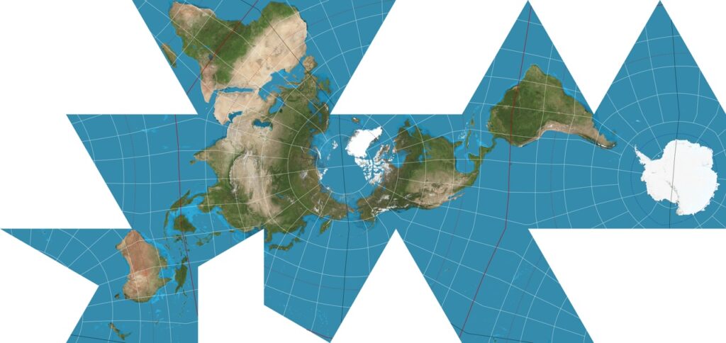 The world on a Dymaxion projection, with 15° graticule.