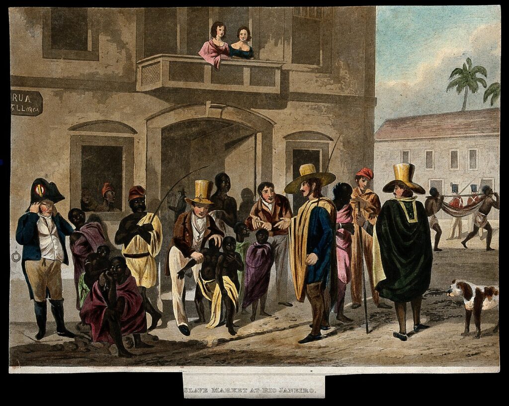 Europeans inspecting slaves at the slave market in Rio de Janeiro (Brazil) before 1857.