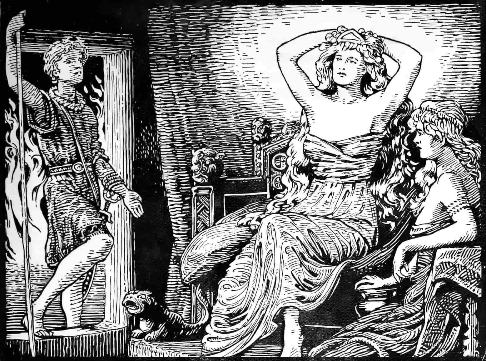 Skírnir's Message to the Giantess Gerd (Gríðr) (1908) by W. G. Collingwood.