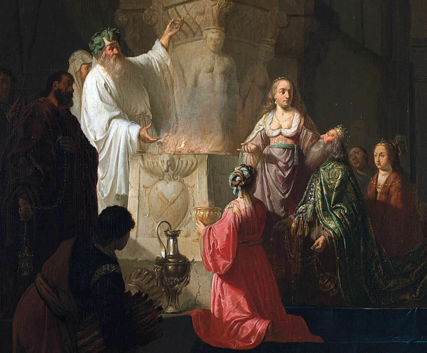 King Solomon's pagan practices. King Solomon, with many ladies at his side, kneels before an altar of burning incense within the temple.