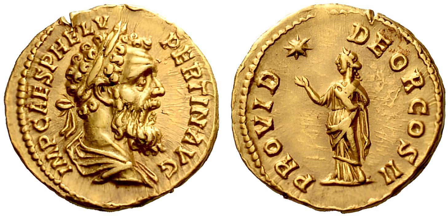 Roman aureus struck under the rule of Pertinax. Inscription: IMP. CAES. P. HELV. PERTIN. AVG. / PROVIDentia DEORum COnSul II