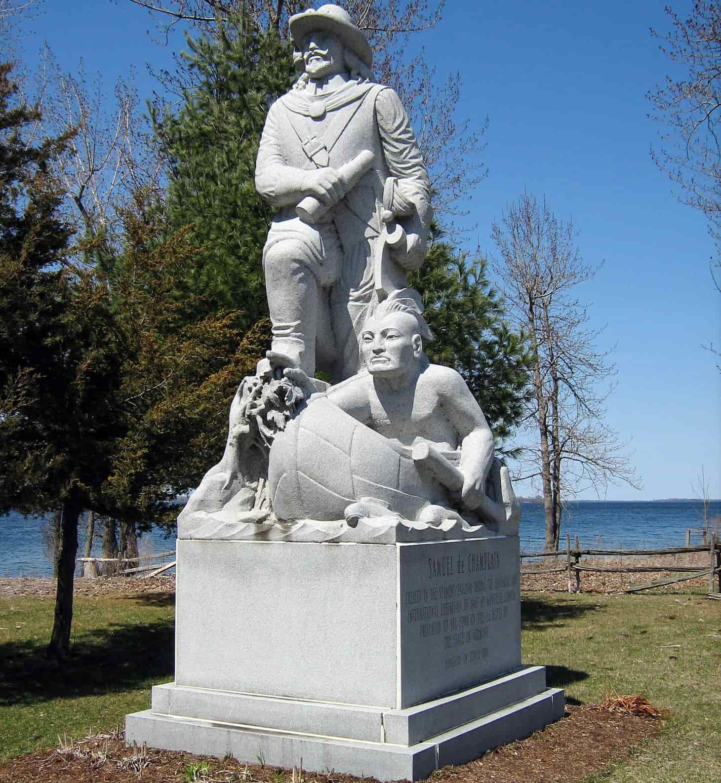 Samuel de Champlain and his guide when they first set foot on Isle La Motte, Vermont, in 1609. Lake Champlain is in the background. 