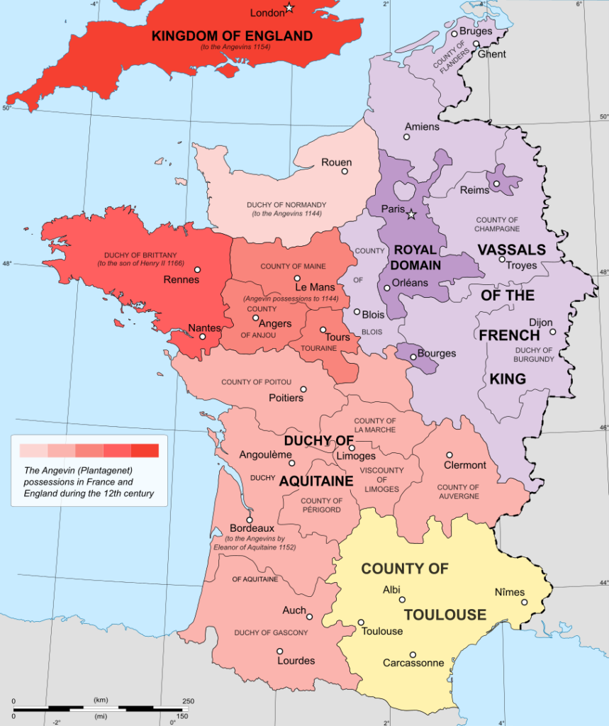 The Angevin continental empire (red shades) in the late 12th century