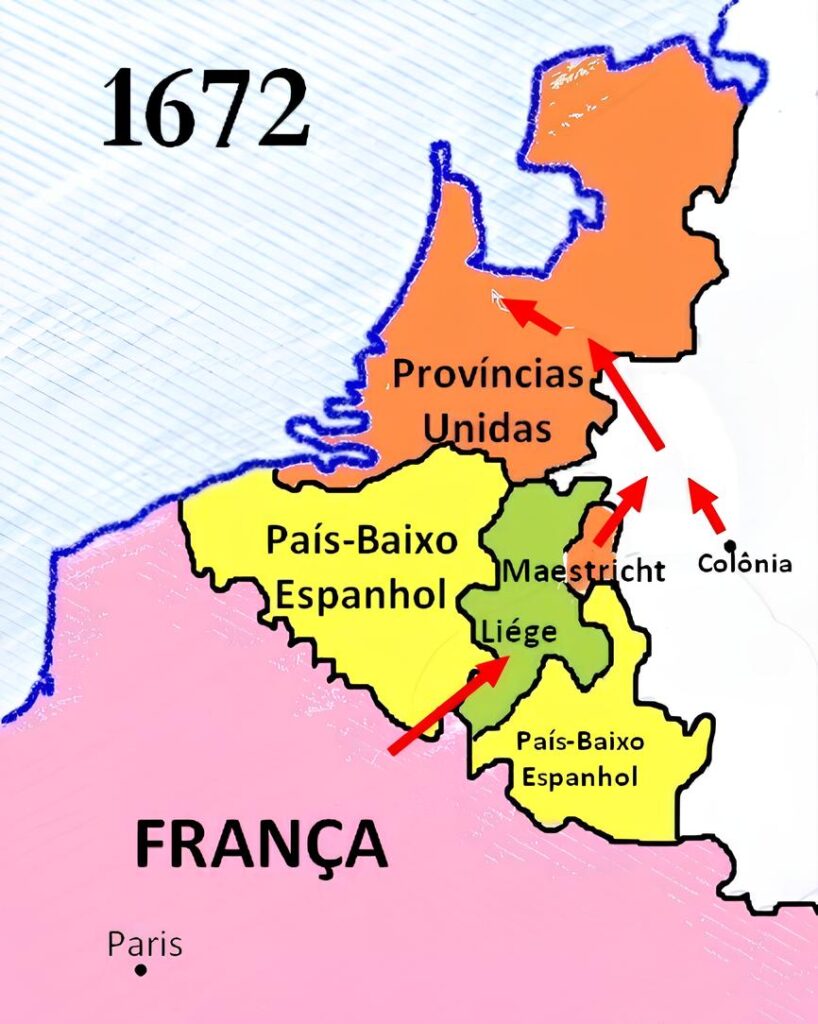 The map shows the military campaign of Louis XIV against Holland in 1672. Vauban, Turenne, Condé.
