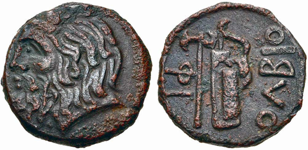 Two coins from Pontic Olbia, dating from the third to the first century BC, show the river deity Borysthenes' bearded head.