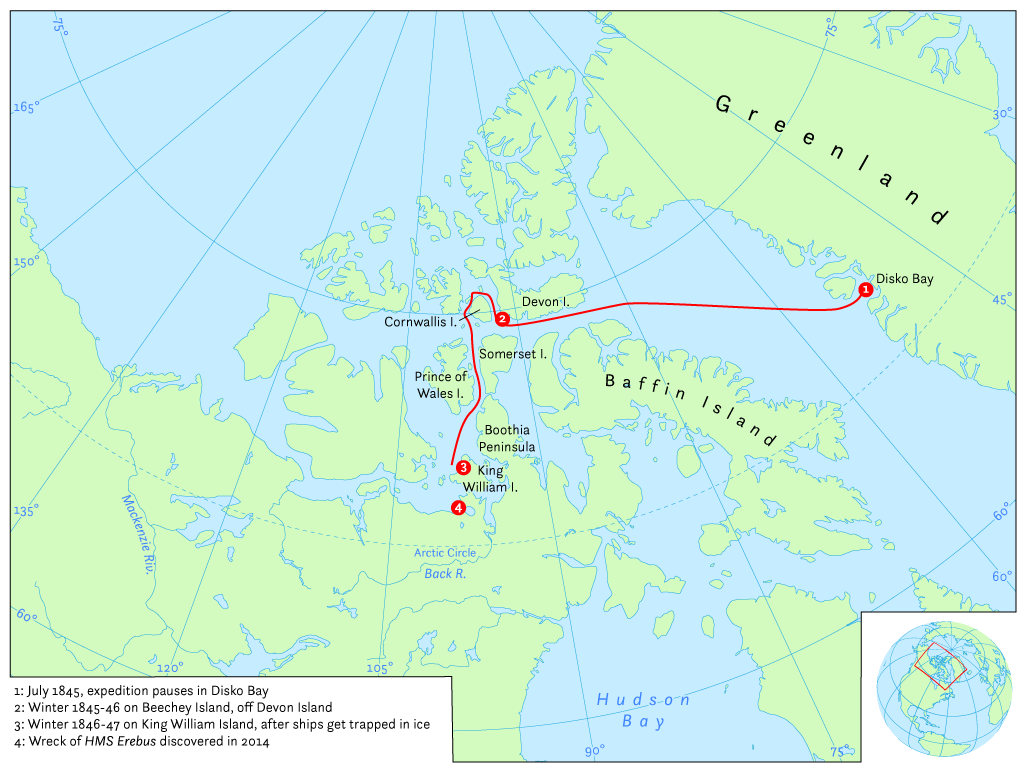 Map of possible routes followed by HMS Erebus and HMS Terror during Franklin's lost expedition. Disko Bay is about 3,200 km from the mouth of the Mackenzie River.