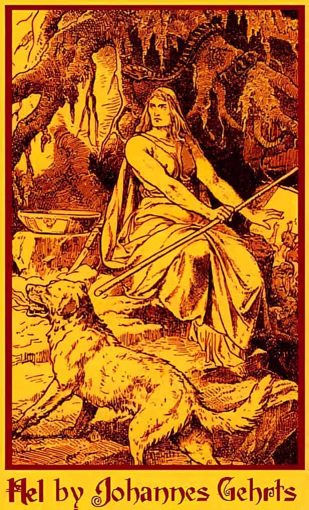 Hel is the ruler of Hell, and his dog Garmr on her side, 1889.