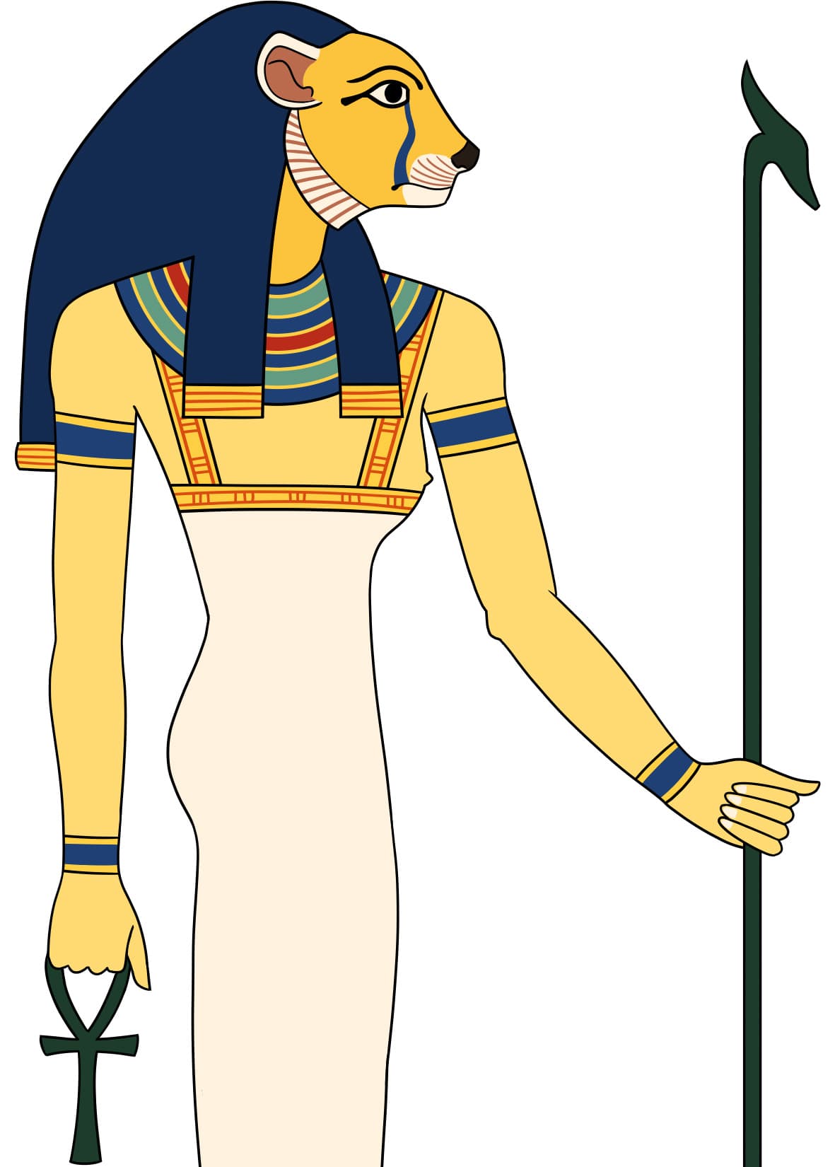 Goddess Mafdet with the head of a Cheetah, holding the Ankh and the Was scepter.